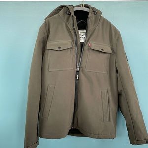 Levi men’s olive green winter jacket with attached hood.  Size medium